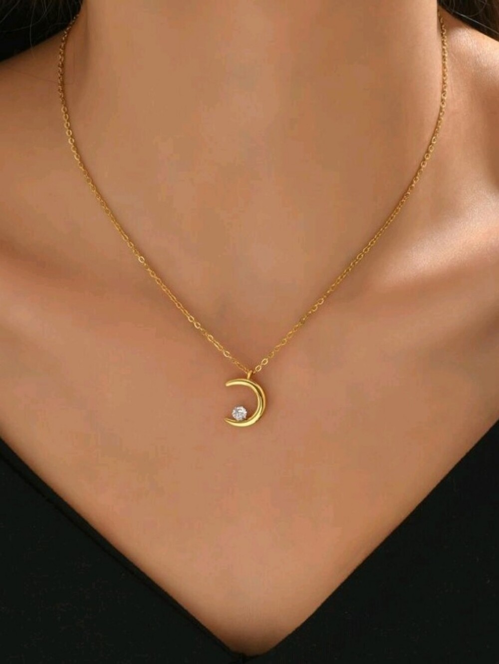 NEW! 18K Gold Plated Crescent Moon CZ Accent Pendant Necklace